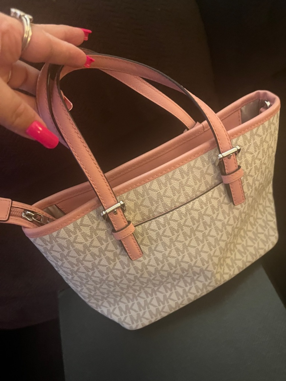Michael Kors Beige MK Logo Tote with Pink Trim - Picture 5 of 5